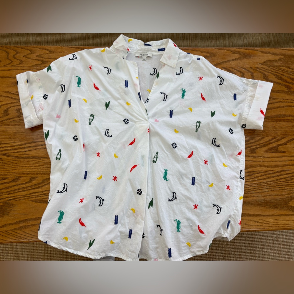 Madewell White Popover Shirt with colorful embroidery